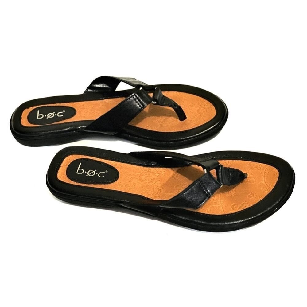 B.Ø.C Born Women Black Faux Leather Flip Flop Strap Thong Sandal Shoes Size 9M